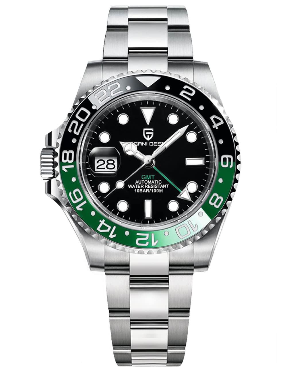 BENYAR Pagani Design GMT Automatic Mechanical Wrist Watches for Men Two-Tone Ceramic Bezel Sapphire Crystal 100M Waterproof Stainless Steel Jubilee Strap Fashion Business Men's Watch（Green）