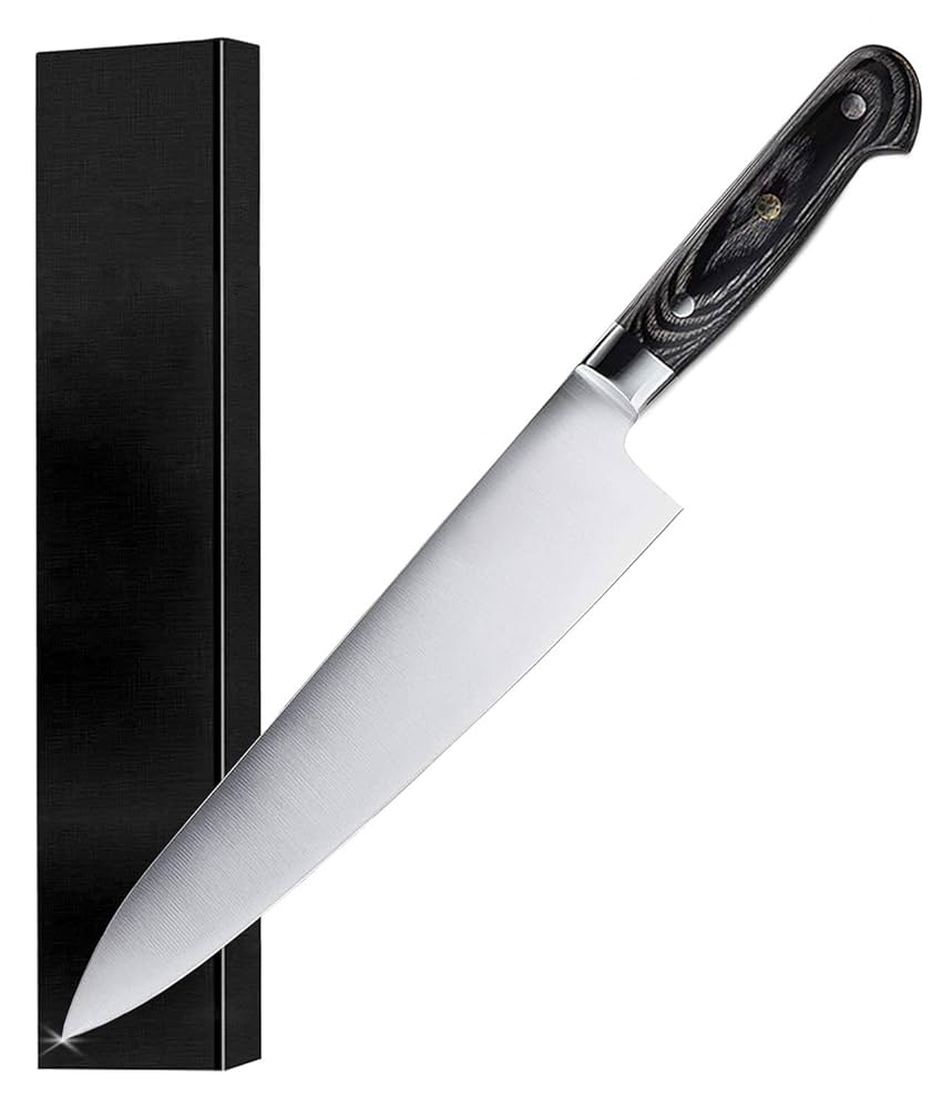 01483 包丁　重啓作　牛刀　墨流し　折り返し鍛錬　スウェーデン鋼　未使用品 佐治武士作『SRS13 粉末ハイス鋼 牛刀210』黒合板ハンドル