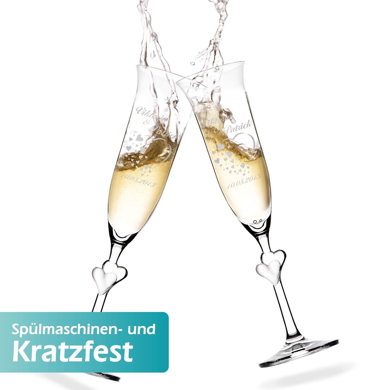 polar-effekt Lot de 2 Verres à Champagne en Cristal pour Couples - Cadeau Personnalisé avec Gravure - Flûtes à Champagne 175 ml - Tige avec Cœurs