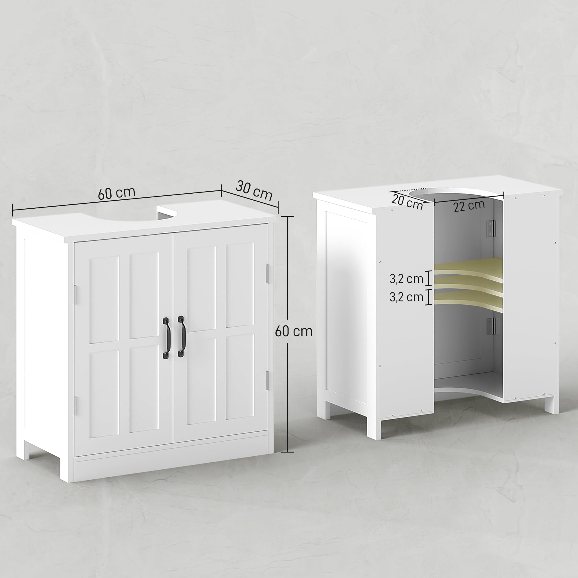 kleankin Meuble sous lavabo Salle de Bain Meuble sous Vasque Armoire de Rangement pour lavabo avec Double Porte et étagère réglable, 60 x 30 x 60 cm, Blanc