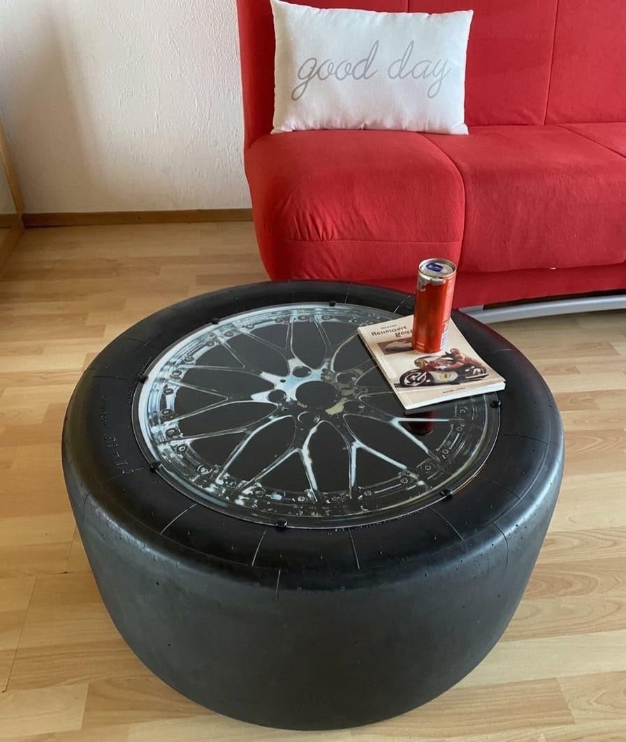 [ORIGINAL Reifen] Reifen Tisch mit PC Platte | Orginalreifen aus DTM, GT Masters & LMP Serie Rennreifen Tisch mit echten Gebrauchspuren | Motorsport Geschenk für Männer & Frauen | Originaler Rennslick als Upcycling-Unikat mit PC-Tischplatte – das ausgefal
