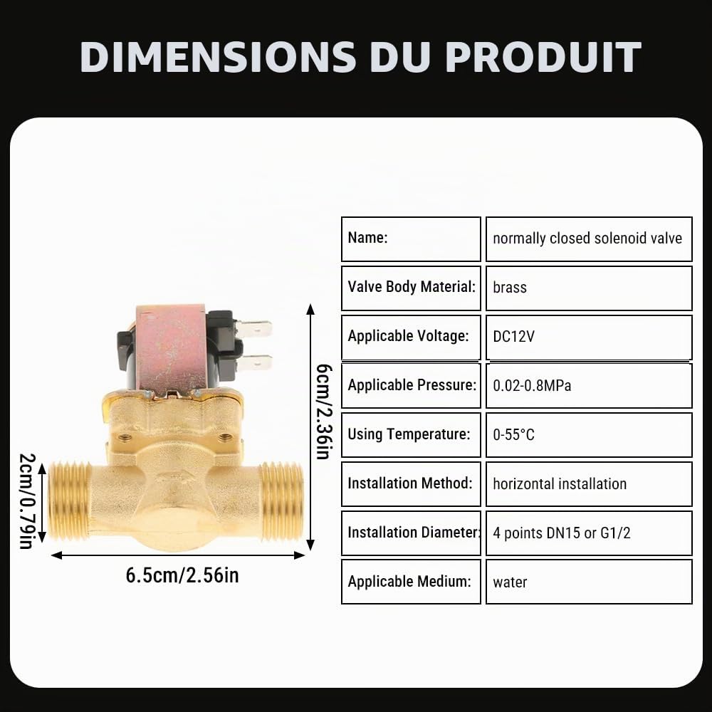 Électrovanne 12V 1/2", Electrovanne Électrique NC, DC Vanne Électromagnétique en Laiton, pour le Contrôle de l'Eau