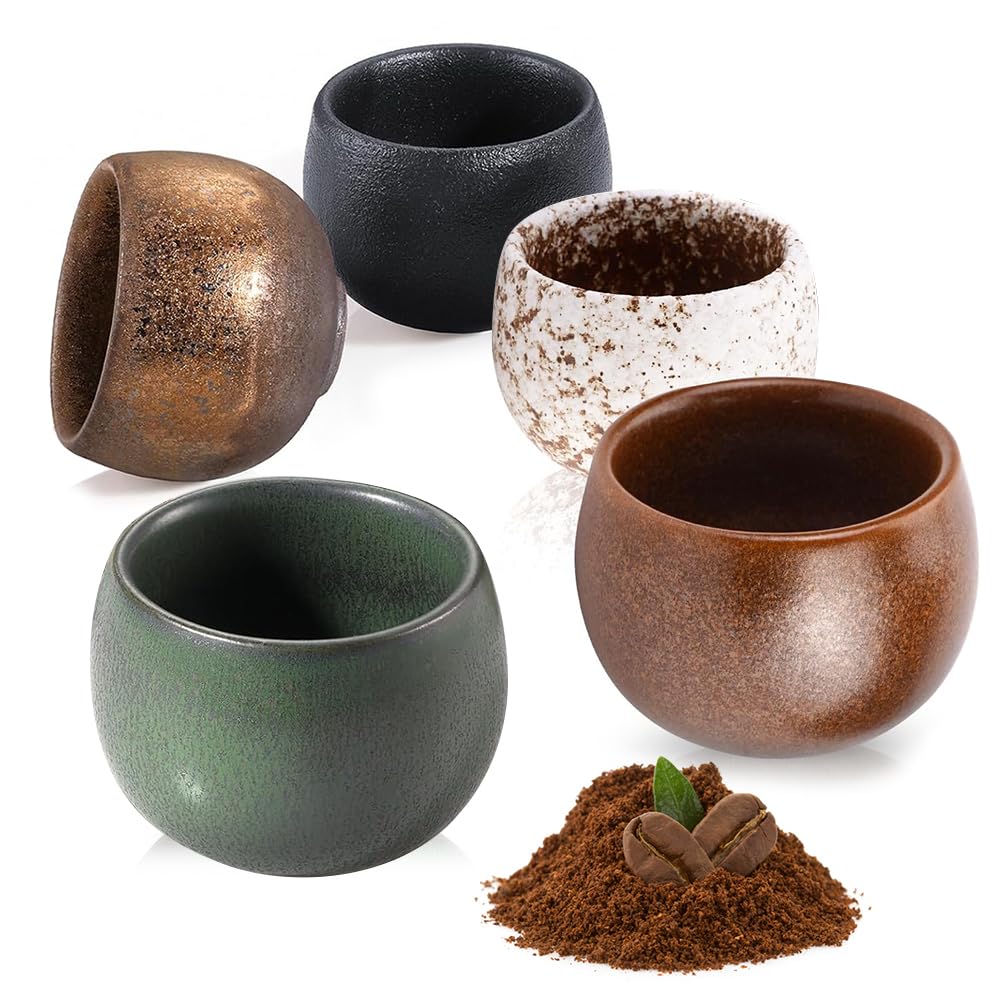 Set Tazzine Caffè Espresso, 5 Pezzi Ceramica Tazzine Caffe Particolari 50 ML, Tazze da Caffè in Ceramica a Pareti Spesse con Scatola Regalo, Senza Manico, Regali per Amici e Familiari