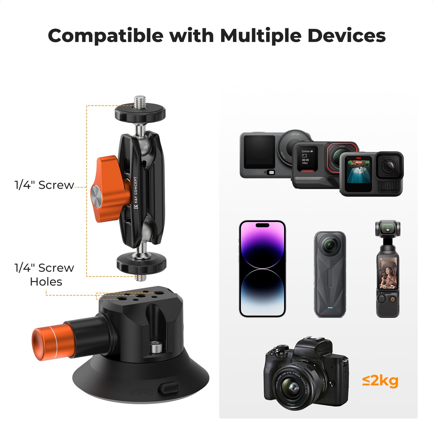 Zestaw 2 uchwytów K&F CONCEPT z przyssawką o przekątnej 3 cali, obrotowy w zakresie 360°, uchwyt do kamery z szybkim mocowaniem do samochodu, kijek do selfie z adapterem do kamery sportowej i zaciskie