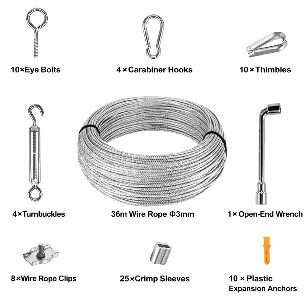 Cieex Kit Câble Acier 3mm 36m – Corde Acier Gainé PVC + Tendeurs – Fil de Fer pour Corde à Linge Extérieur, Fixation Voile d’Ombrage, Plantes Grimpantes, Clôture – Résiste à la Rouille
