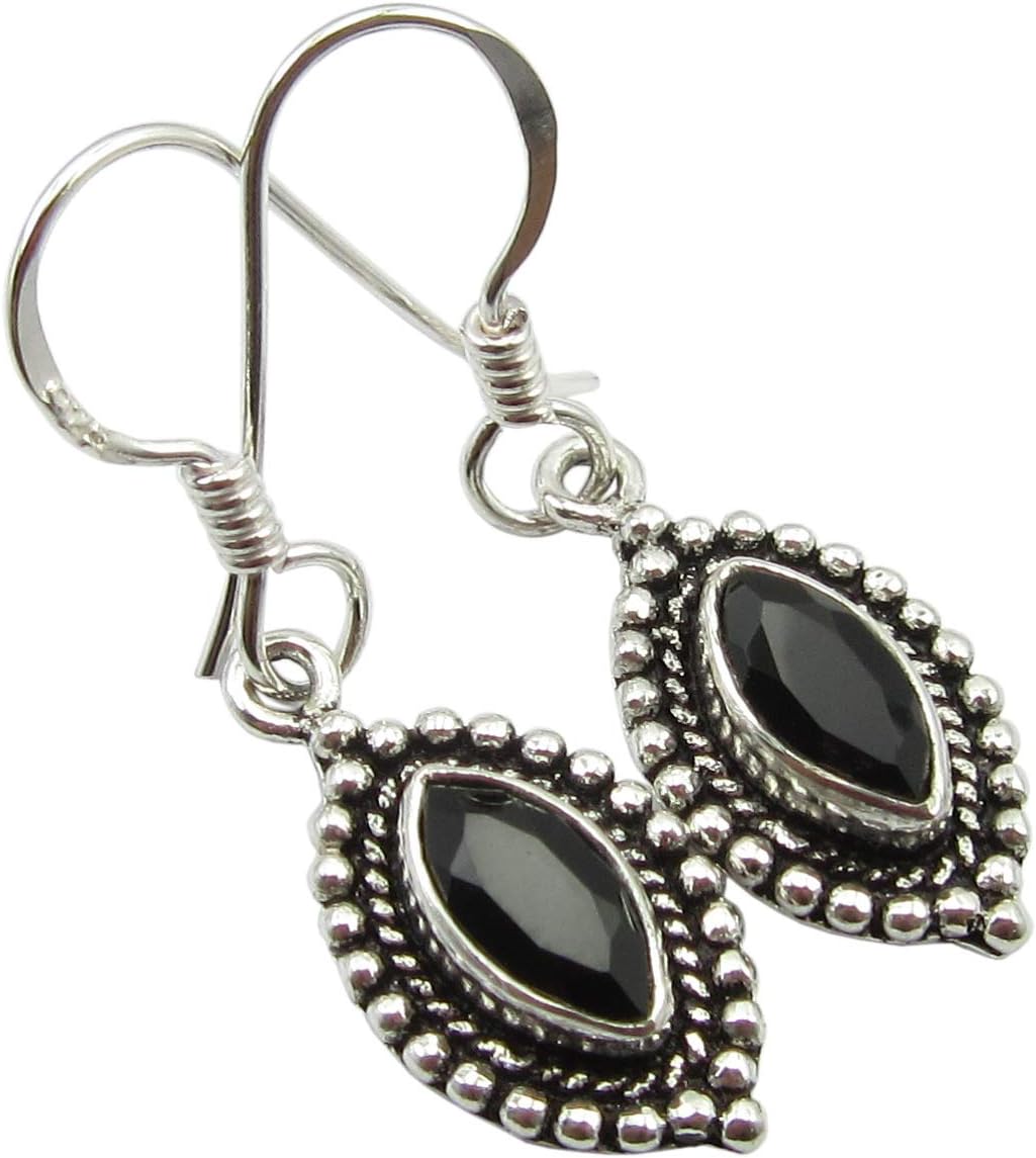 Black Onyx Antique Look Earrings 1.3" 925 Solid Silver Handmade Jewelry