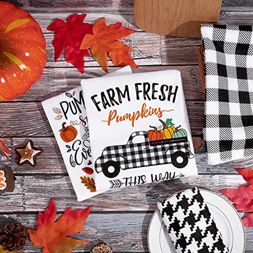 Whaline Fall Kitchen Towel White Black Buffalo Plaid Dish Towel Farm Fresh Truck Dish Towel 28 X 18 Inch Autumn Harvest Tea Towel Large Cloth Towel For Autumn Holiday Kitchen Cooking Baking, 4 Pack #TOP4