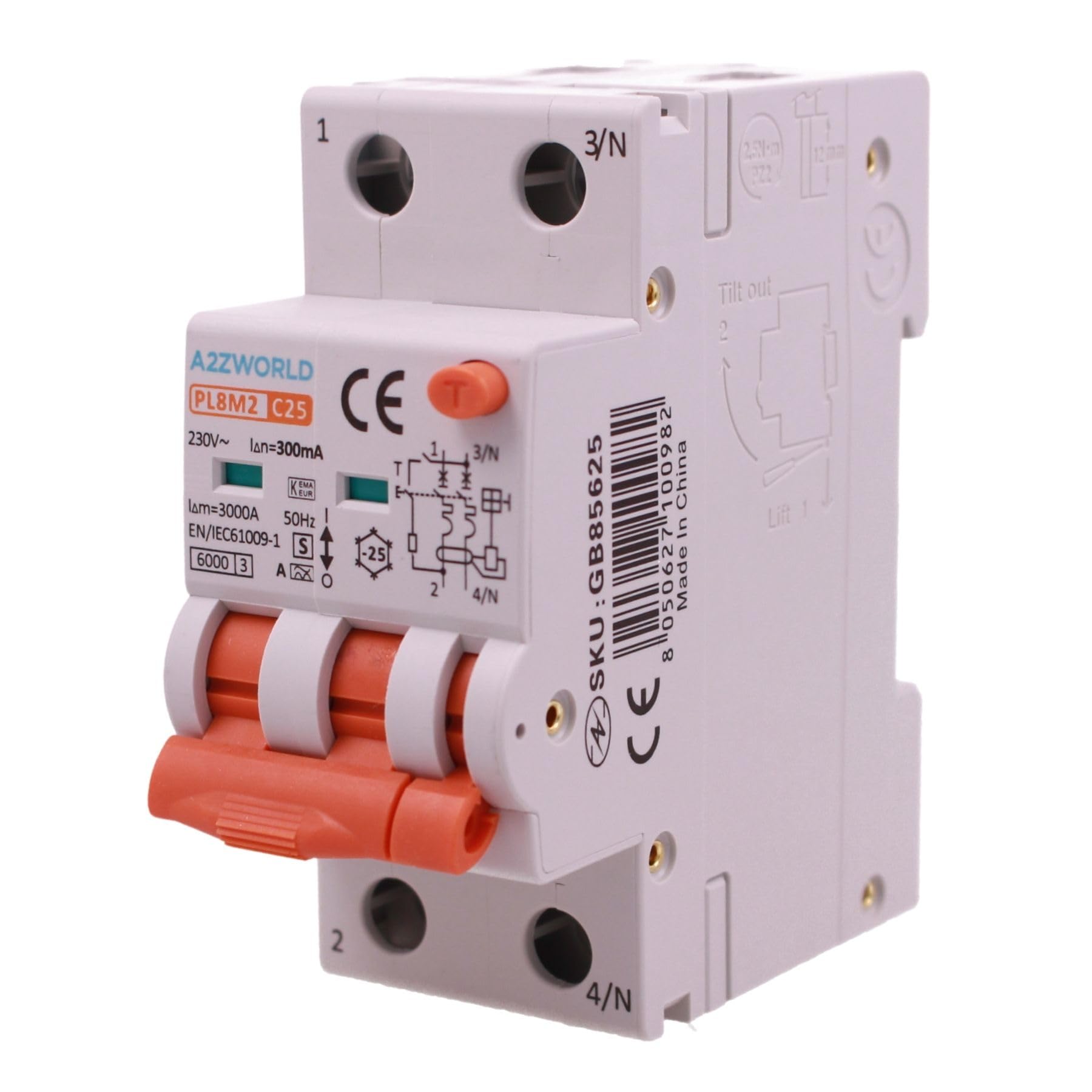 RCBO Selectivo Tipo A (S) 300 mA 25 A C25, 2 módulos verdaderos 6 kA 230 V Clase A Curva C, interruptor magnetotérmico diferencial con doble palanca y diagnóstico visual, modelo PL8M2