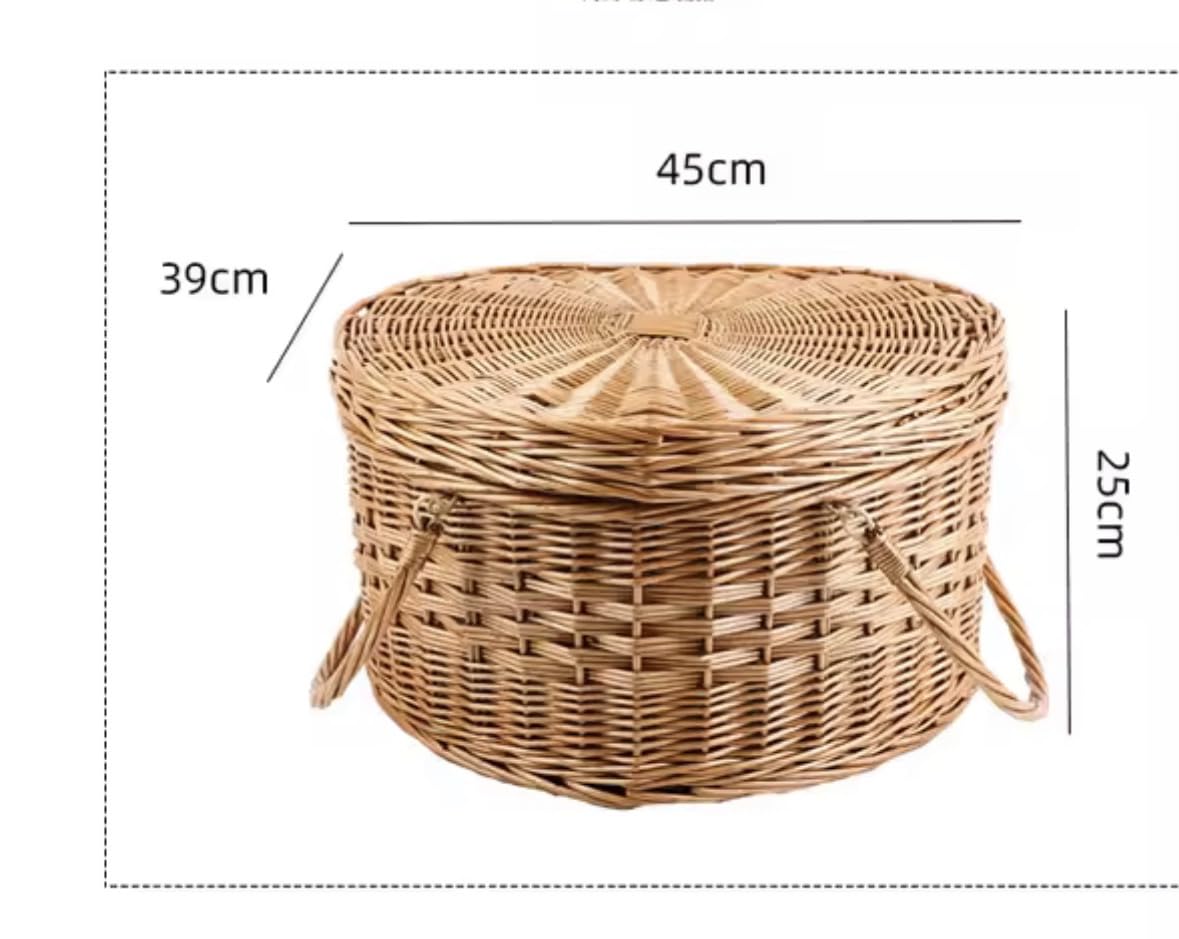 Cesta de picnic de mimbre, transportador tejido de ratán en forma de corazón con asa, almacenamiento portátil de alimentos para camping, viajes y comedor al aire libre, 45 x 39 x 25 cm