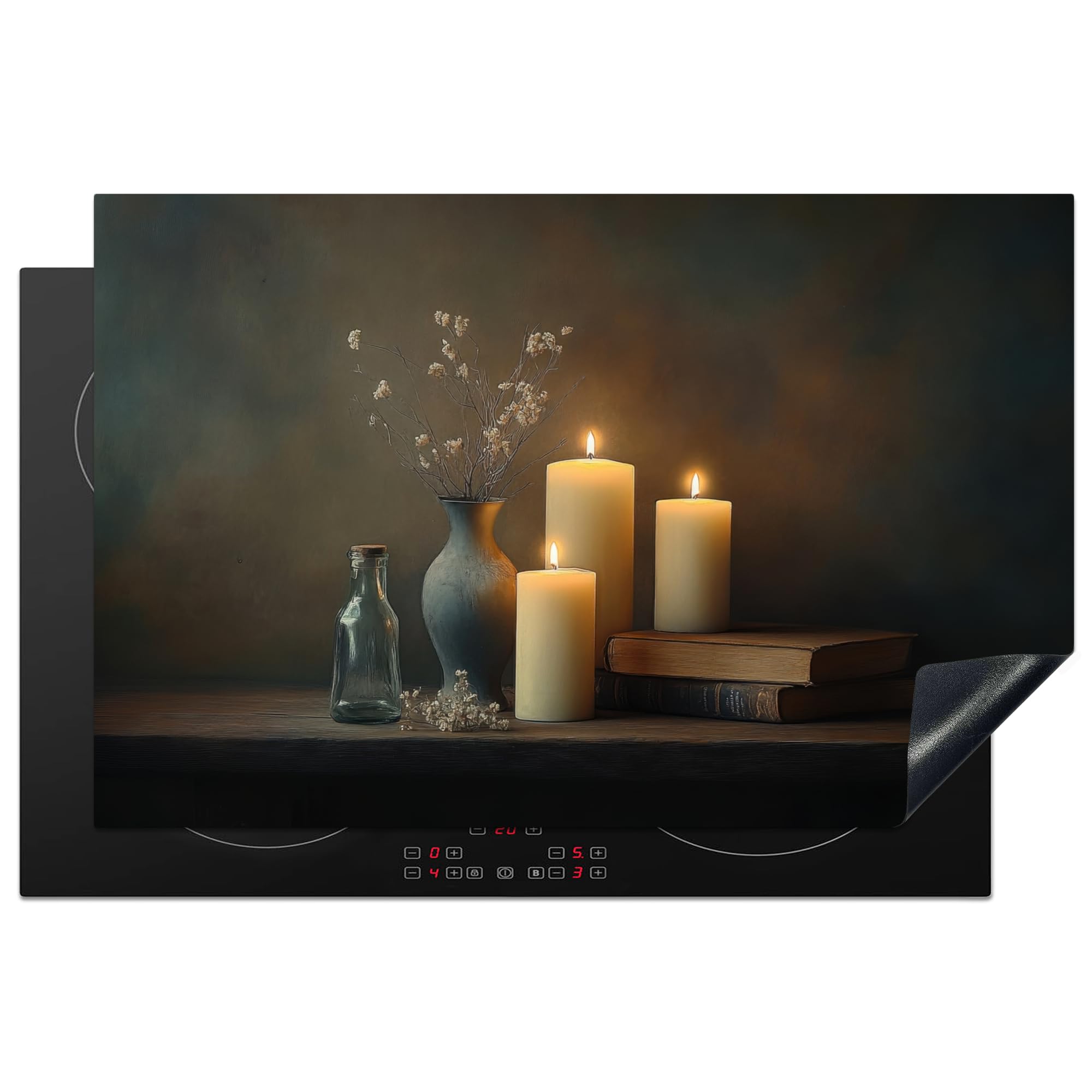 KitchenYeah© Induction Hob Protector Mat 20.5"x31.9" / 81.2x52 cm Stove Cap Top Cover Kitchen Cooker Covers for Electric Hobs Vinyl Candles - Still Life - Rustic - Books