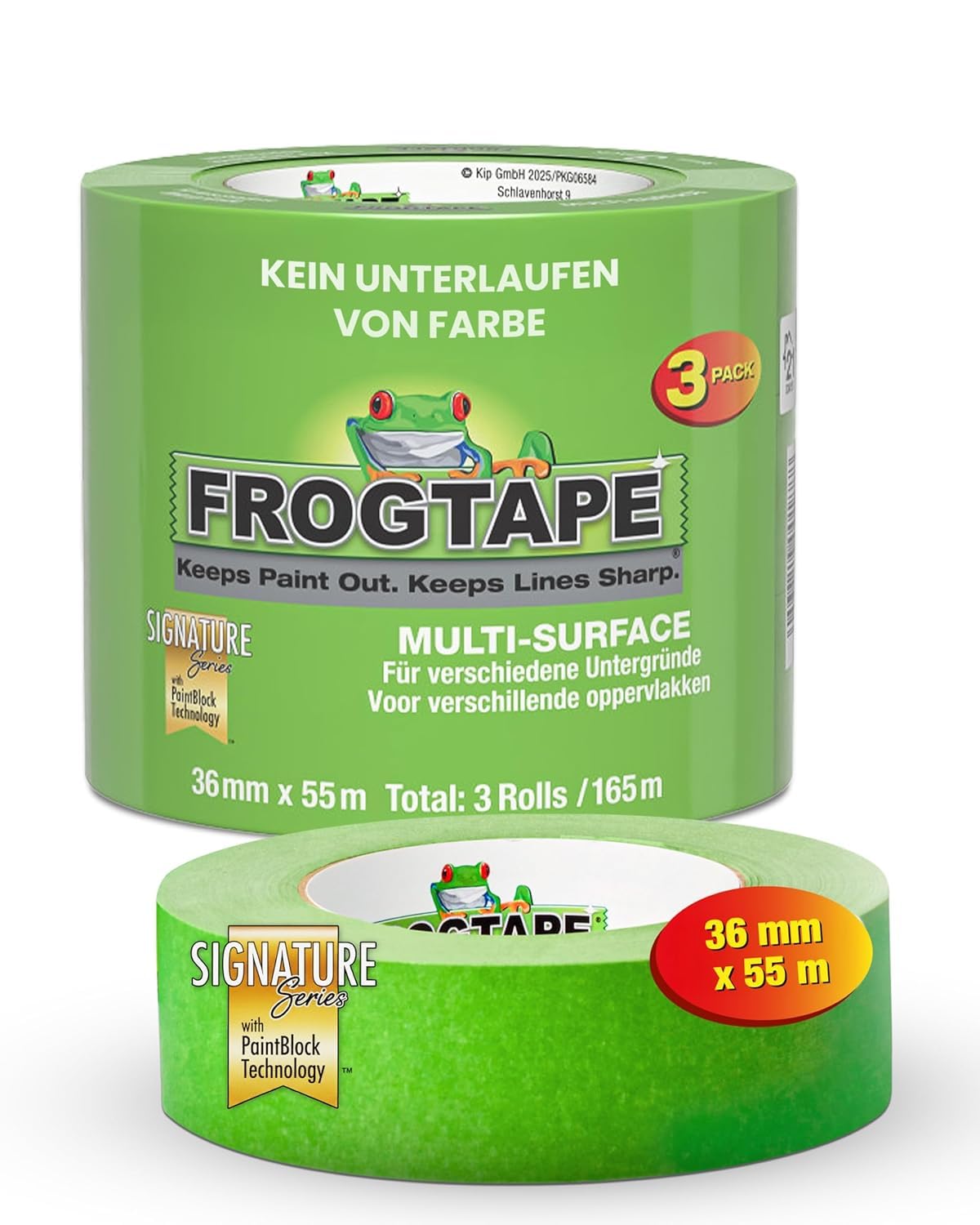 FrogTape Multi Surface Ruban de Masquage 36mm x 55m lot de 3, Adhésif Peintre avec Technologie PaintBlock, Lignes Nettes, Enlèvement Sans Résidus, Scotch Peinture pour Bois Verre Métal, Vert