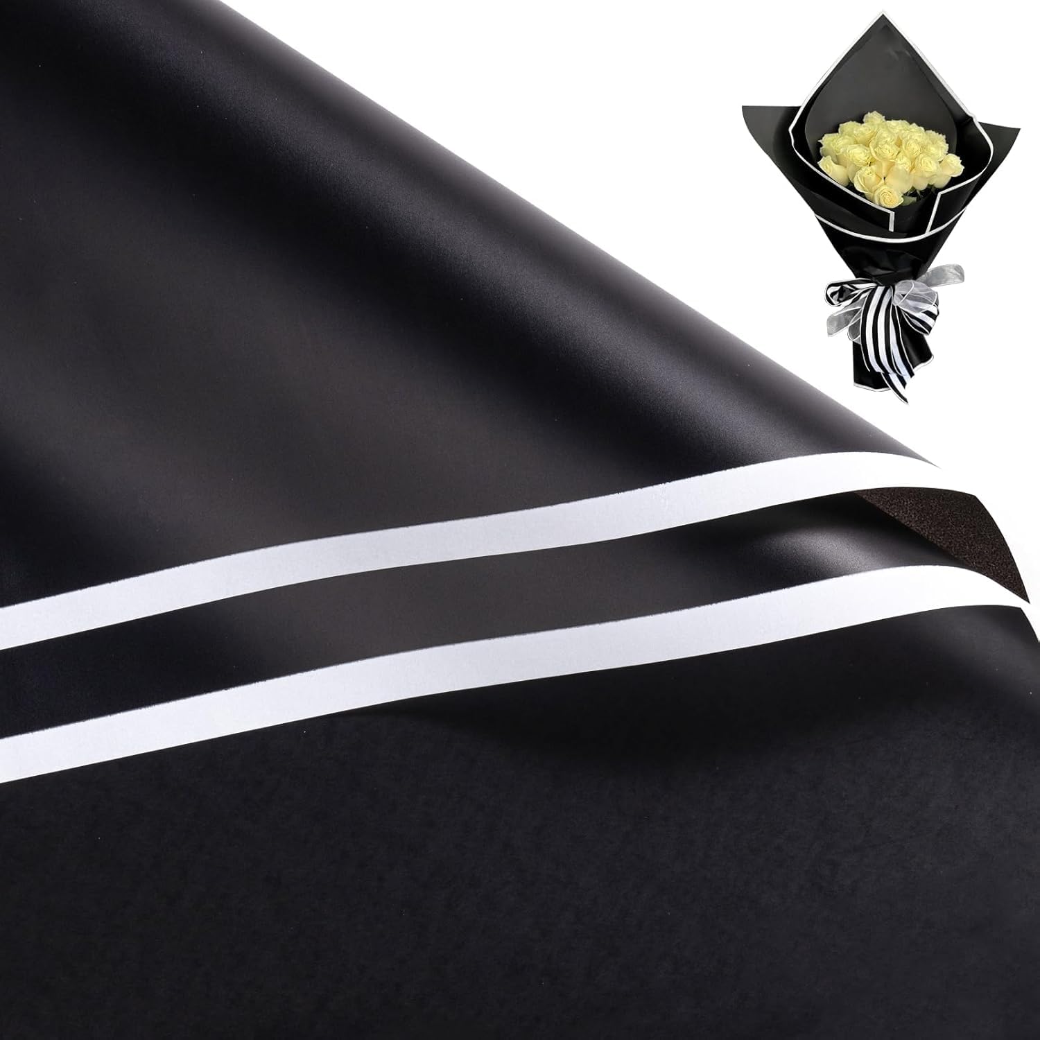 Zarwani - Korean Style Waterproof Black Bouquet Wrapping Paper (58cm x 58cm, 60 Microns) | White Border Design, Giftwrap for Flowers & DIY Gift Wrapping Paper (White Border Black) (5 Sheets)