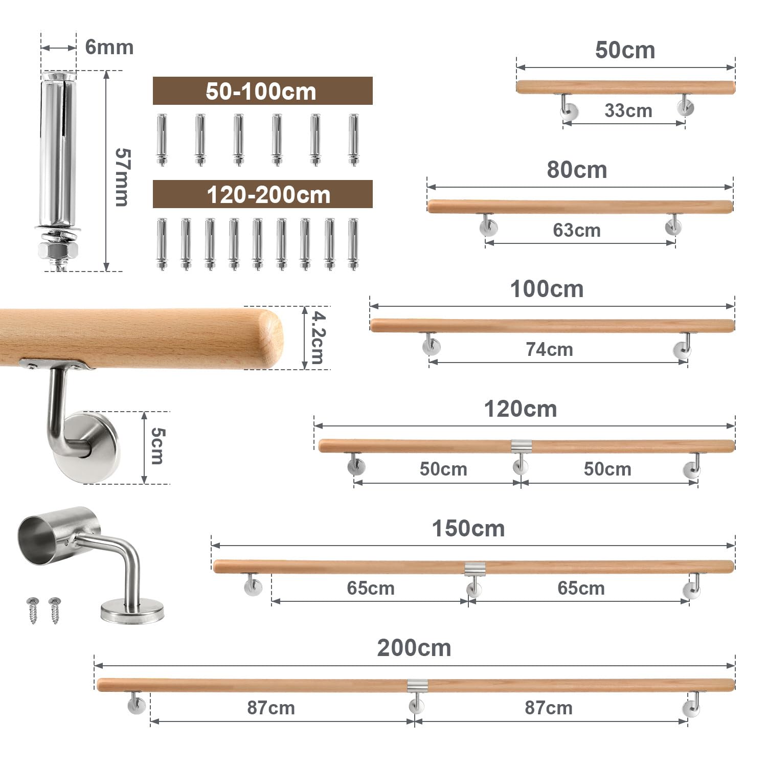 Pasamanos de madera, 150 cm, barandilla para escaleras, diámetro de 42 mm, pasamanos de pared, montaje lateral, incluye soportes de pared, material de montaje