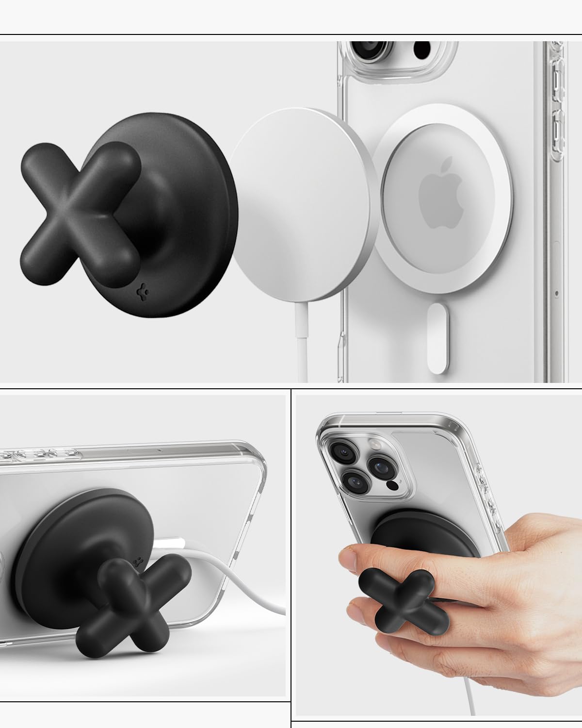 Spigen Soporte Movil Anillo Magnético, Compatible con Cargador Apple MagSafe【Carga mientras lo usas】Agarre de Silicona Antideslizante para iPhone 17 17e 16 15 14 Pro Max Air, Samsung S26 Ultra - Negro