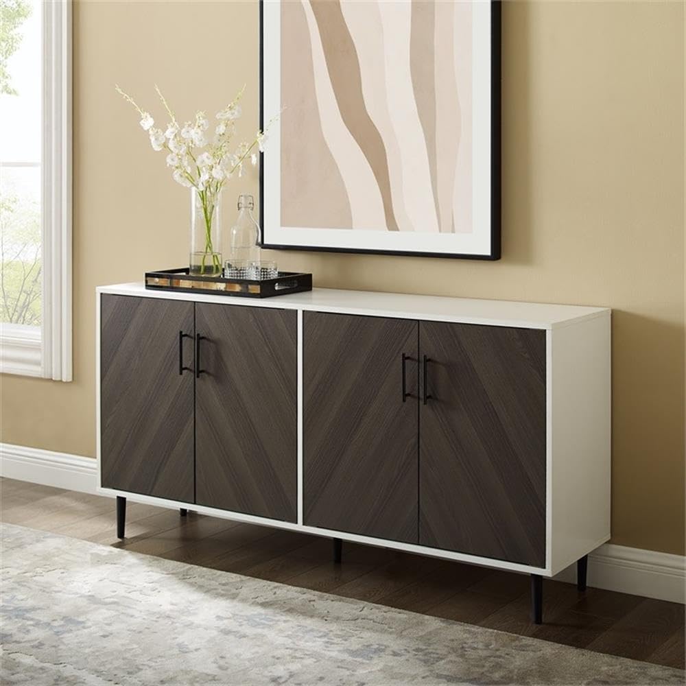 Pemberly Row 58" Mid Century Modern Faux Bookmatch TV Stand, Brown and White Finish, MDF Construction, Two-Tone Design, Metal Legs, Adjustable Storage Cabinet for Living Room or Entertainment Use