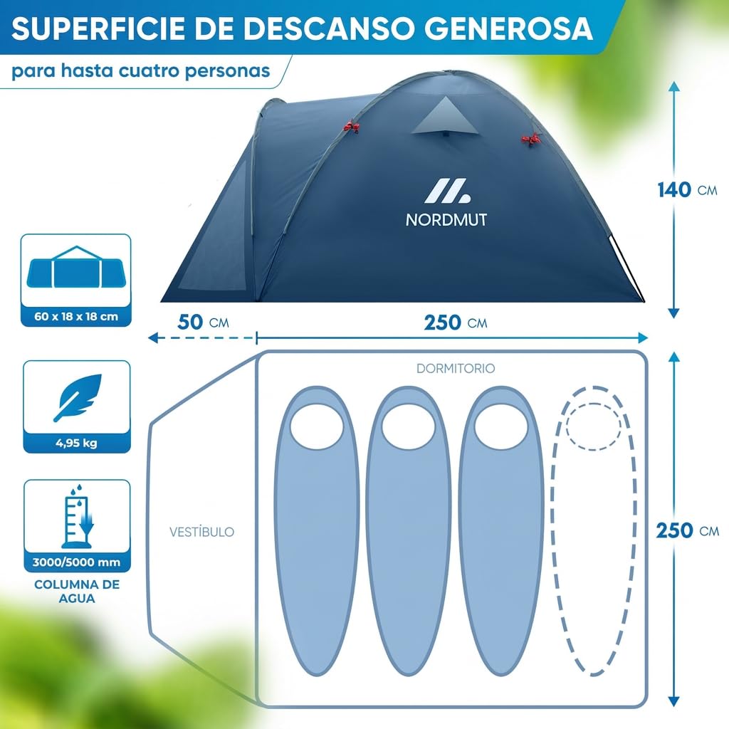 NORDMUT® Tienda de Camping 4 Personas Impermeable & Ligera – Tienda Cúpula con Vestíbulo Cerrable – Tienda 2-4 Personas con Excelente Circulación de Aire & Tamaño Compacto