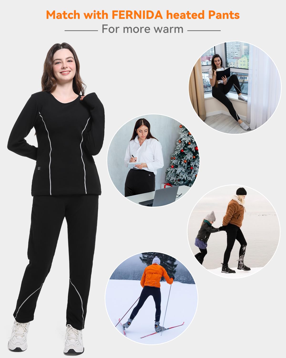 FERNIDA Sous-vêtements thermiques chauffants, pantalon chauffant, leggings thermiques avec batterie externe, sous-vêtements thermiques pour femme, pantalon chaud, 8 coussins chauffants