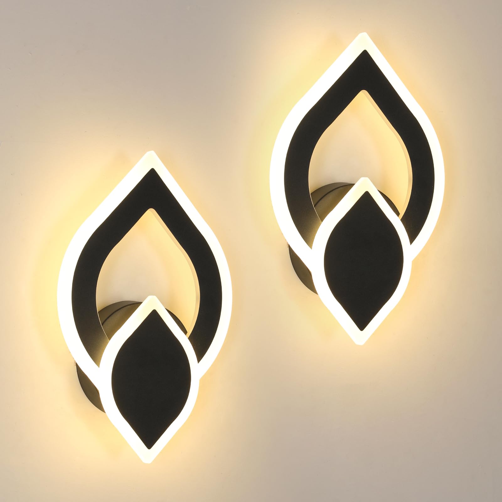 Applique da Parete Interno LED Nero, 2 Pezzi 16W 1800LM Lampada da Parete Camera da Letto, Lampada LED da Muro Moderno Cucina per Bagno Soggiorno Scale Corridoio, Luce Bianca Calda 3000K