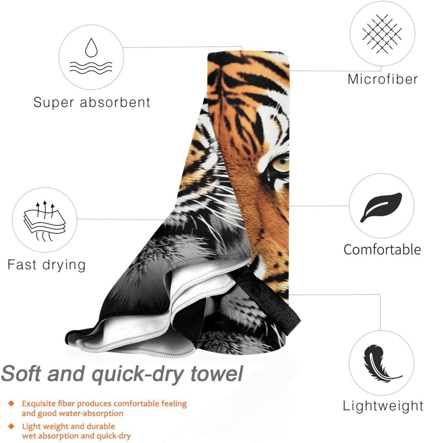 KHiry Microfiber Towel Beach Towels Tiger Face Quick Dry Towel Soft Lightweight Travel Towels Absorbent Large Easy Pack Travel Things Beach Blanket for Gym Sports Swimming