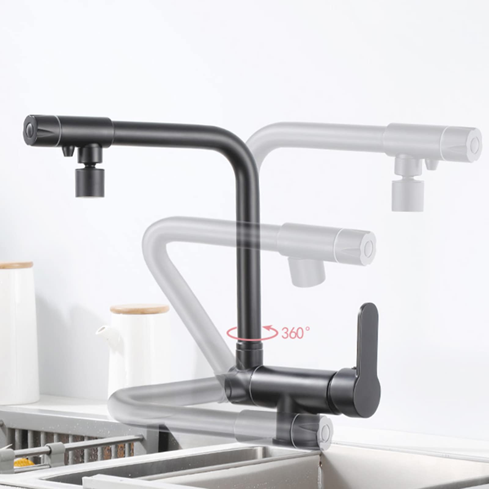 Rubinetto Da Parete Per Vaso Nero - Miscelatore Ottone Per Lavello, Braccio Oscillante 360° - Foto 10