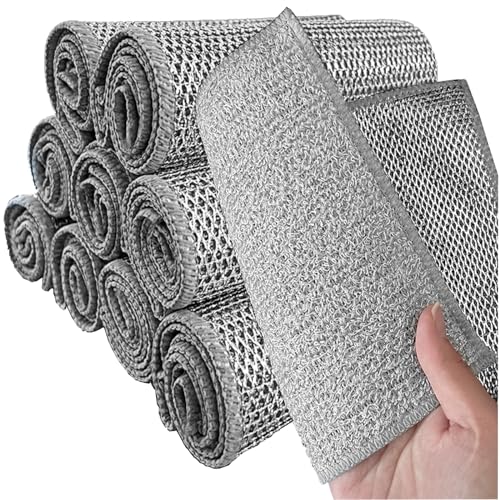 MANFÂ 10 Paños Bicapa Cocina Reutilizables - Acero Inoxidable + Fibra Vegetal (30x30cm) - Limpieza Profunda sin Rayar para Platos, Ollas, Encimeras - Trapos Multiusos con Ganchos Incluidos