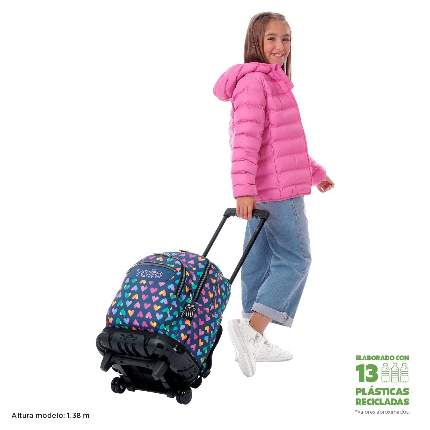 TOTTO - Mochila Escolar con Ruedas, Modelo Renglones, Capacidad 26,21 Litros, Bolsillo para PC 14", Bolsillo Botella, Correas en S para Mayor Comodidad, Resistente, Estampado Latty