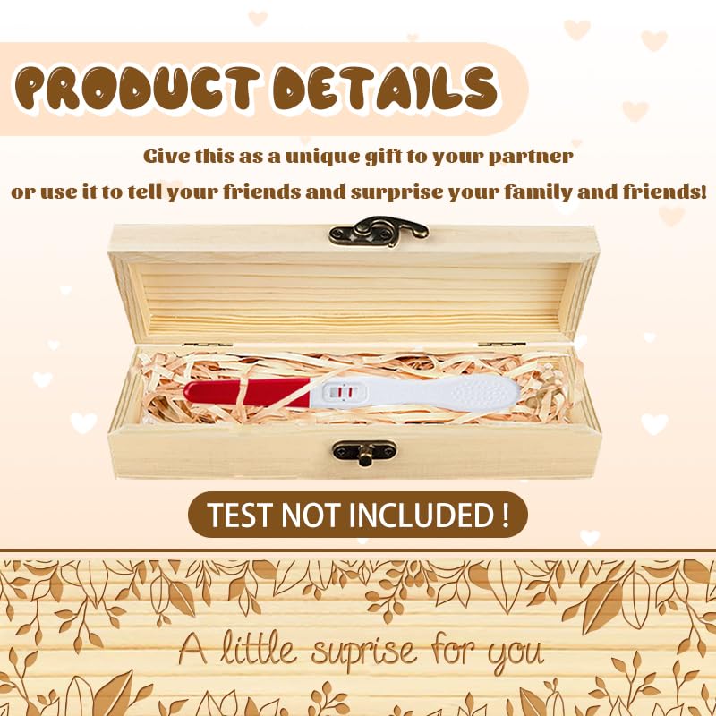 CHGCRAFT Pregnancy Test Keepsake Box Eucalyptus Leaves Wooden Pregnancy Announcement Gifts Box with Raffia Ribbon and Lock Announcement Gifts for Dad Husband, 8x2x1.2 inch