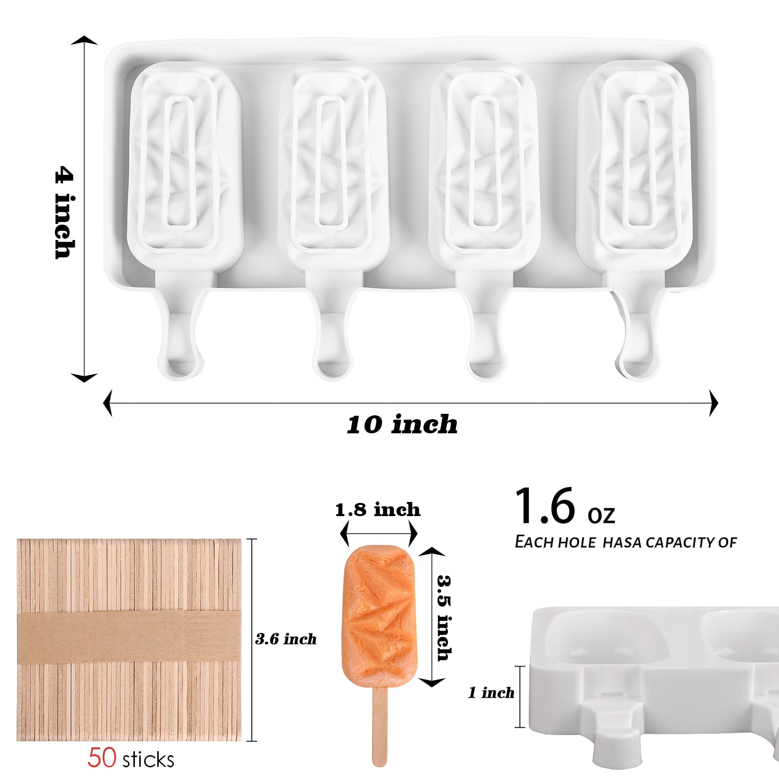 Sakolla 2 Pack Silicone Popsicle Molds, 4 Cavities Diamond Ice Cream Molds with 50 Wooden Sticks for Ice pop, Cake Pop, Cakesicles (White)