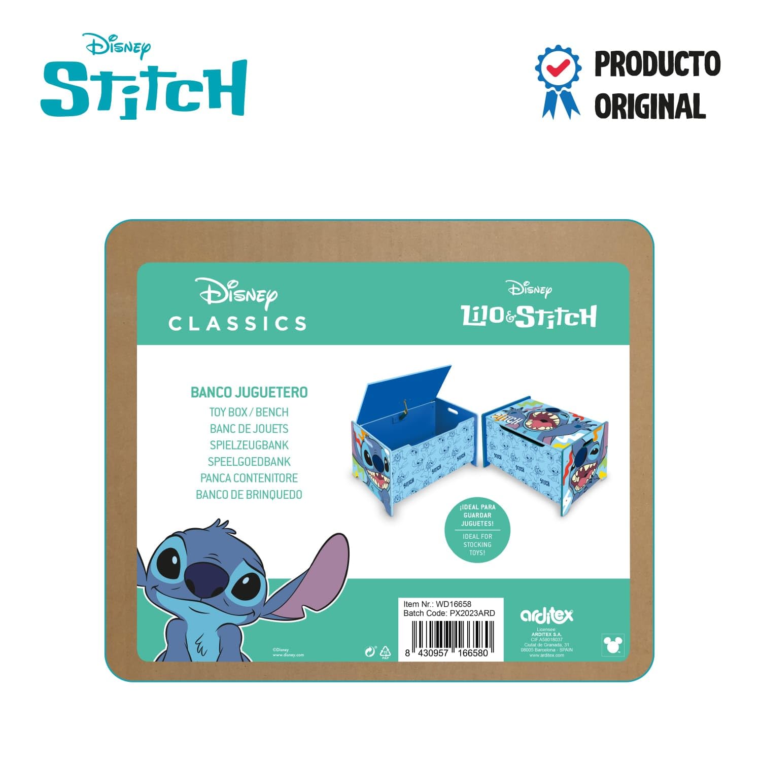 ARDITEX – Spielzeugtruhe aus Holz Stitch – 62,5x40x37 cm – Farbe Blau – Ideal zum Aufbewahren von Spielzeug, Kleidung oder Gegenständen im Kinderzimmer