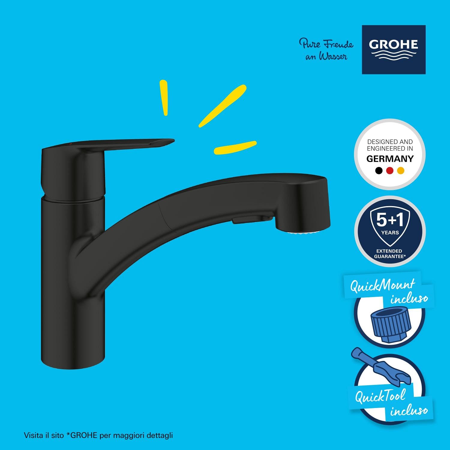 GROHE QUICKFIX Start, Rubinetto Miscelatore monocomando per lavello, con doccetta estraibile a 2 getti, Matt Black, 303072431