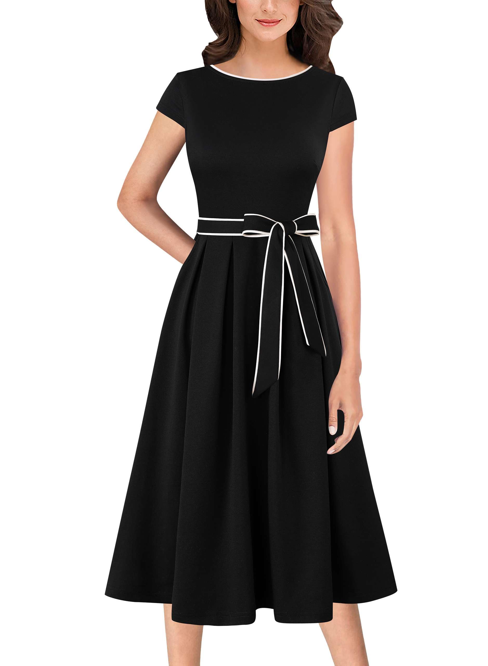 VFSHOW Womens Work Business Casual Church Pockets Belted A-Line Midi Dress