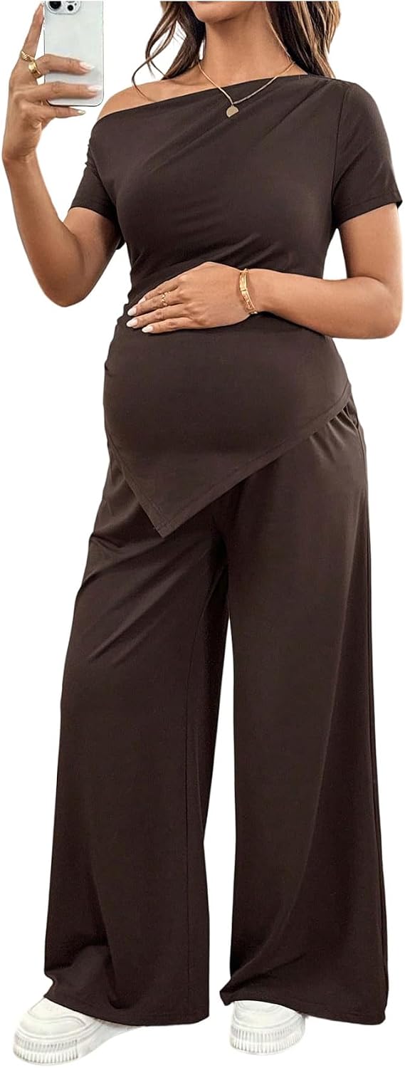 SweatyRocks Women's Maternity 2 Piece Outfits Off The Shoulder Top Wide Leg Pants Matching Sets