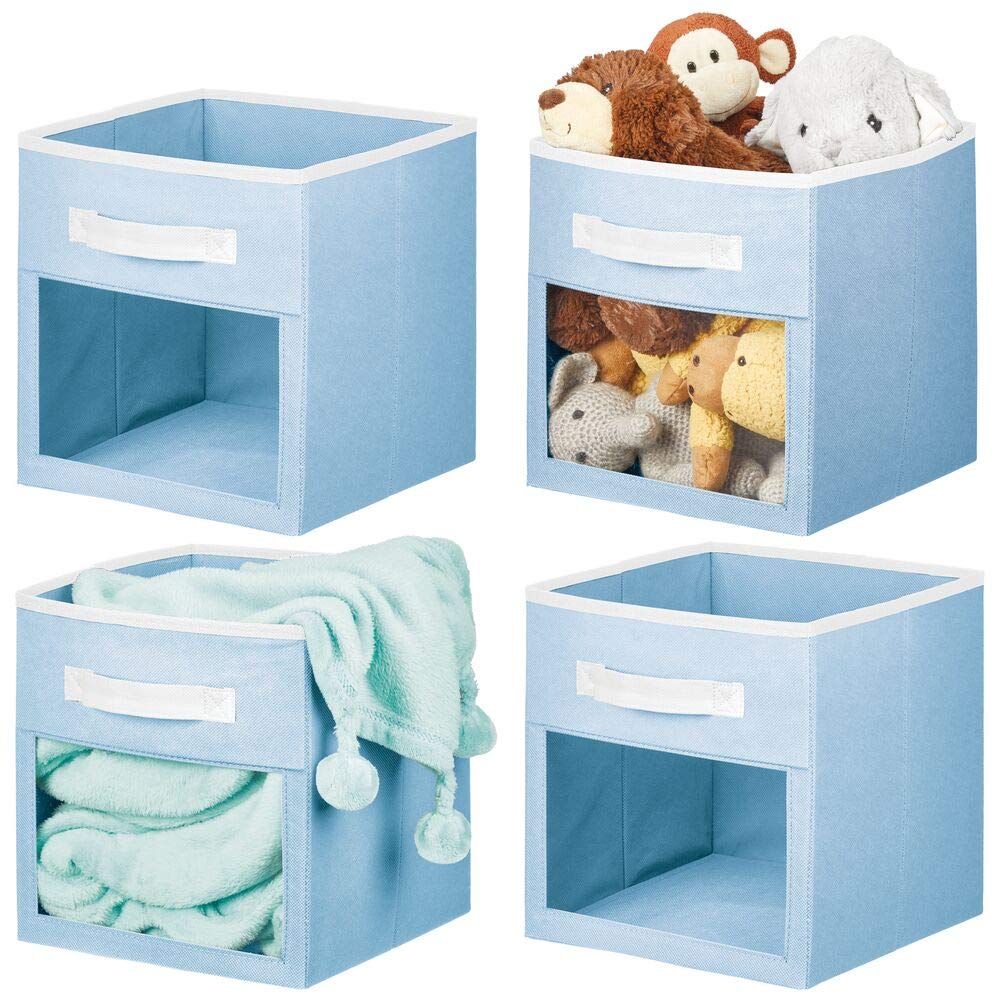 mDesign Soft Fabric Closet Storage Organizer Cube Bin Box with Easy-View Front Window, Handle - for Child/Kids Room, Nursery, Playroom, Furniture Unit, Shelf - 11" High, 4 Pack - Light Blue/White
