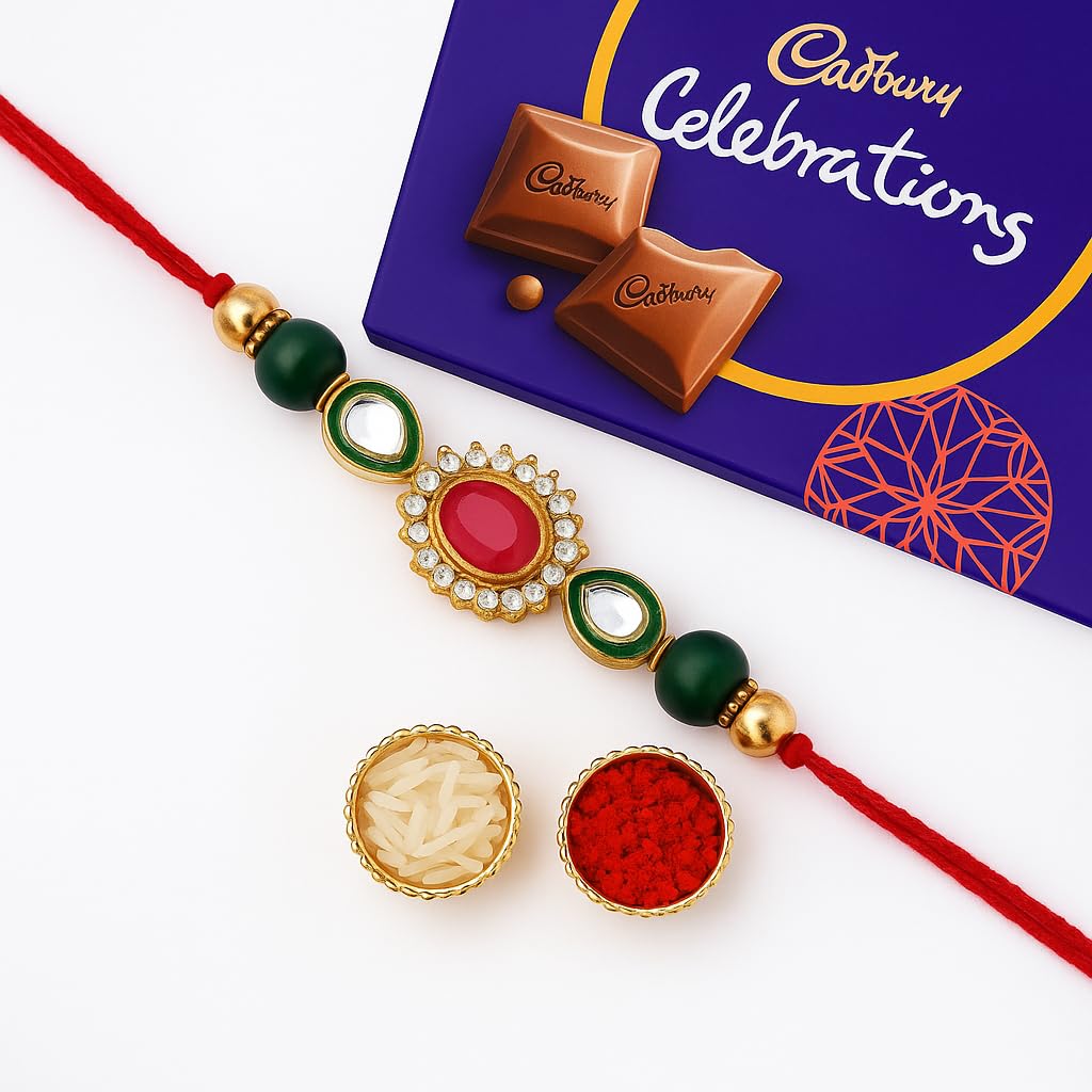 Stone Beaded Studded Rakhi with Chocolate Gift for Brother Cadbury Celebration Chocolate Hamper Rakhi Set of 1 for Brother Bhai Bhaiya Raksha Bandhan Bracelet Single Rakhi with Greeting Card-image-35