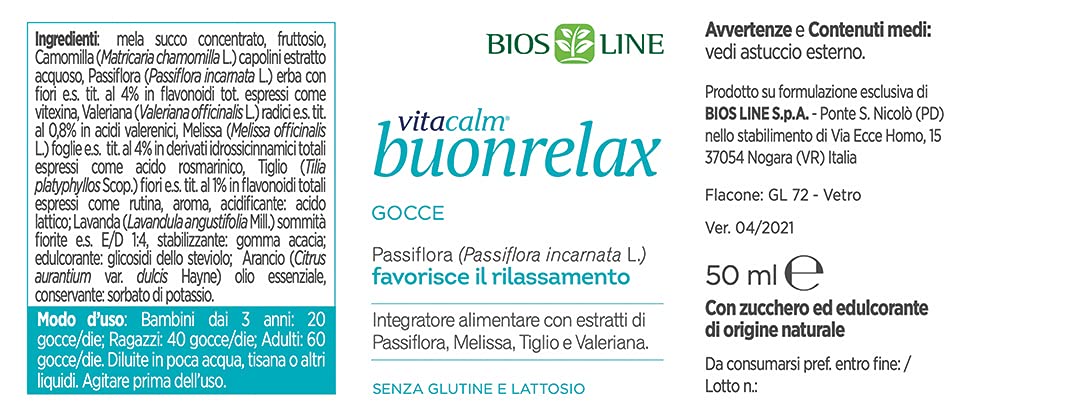 BIOS LINE VitaCalm Buonrelax, Integratore sonno con estratti di Passiflora, Melissa, Tiglio e Valeriana, Integratore rilassante per favorire il sonno e combattere l'agitazione, Senza glutine, 50 ml