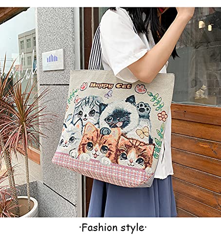 Image of Women's Canvas Cat Print Shoulder Bag - Cat Graphic Hobo Crossbody Handbag