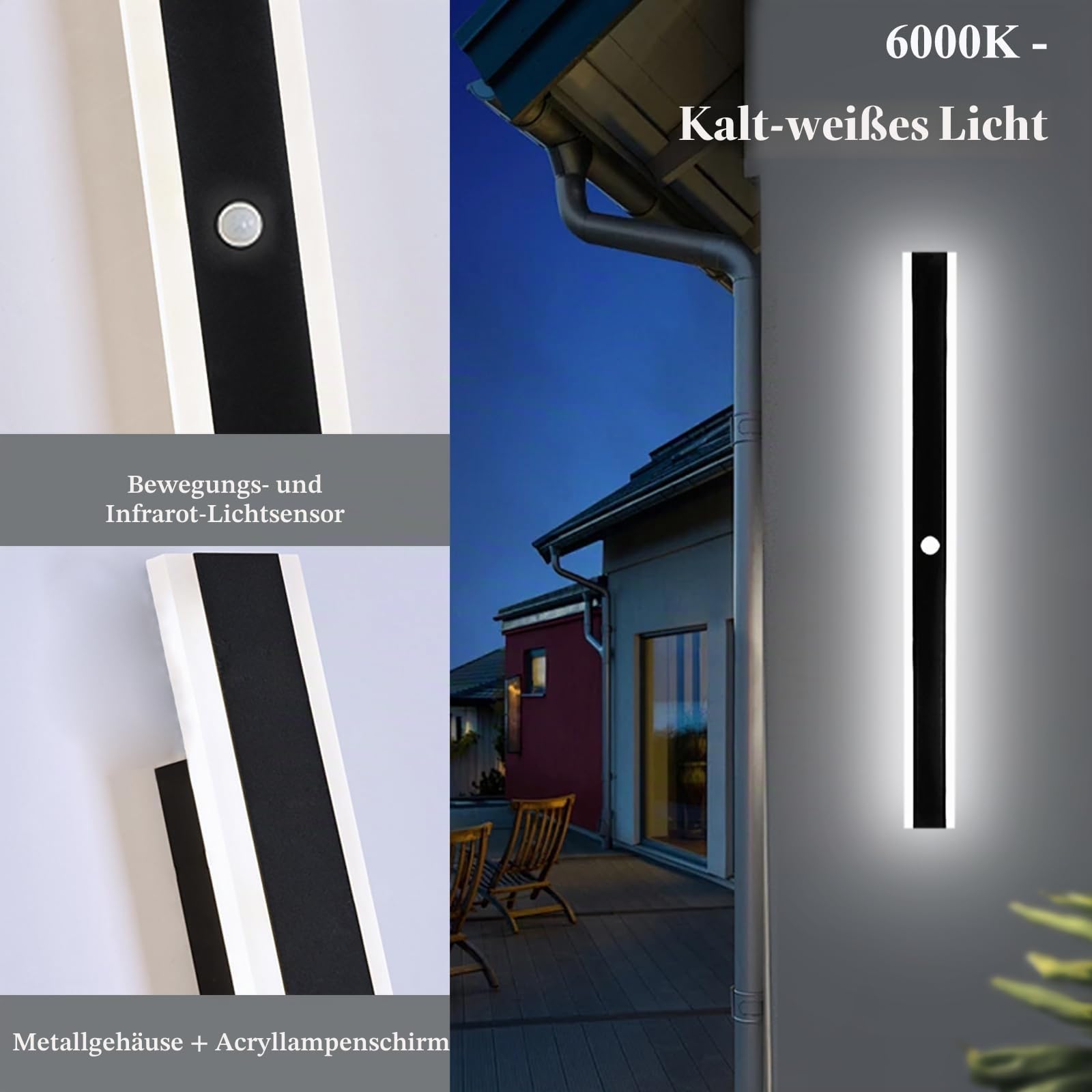 Lang Wandleuchte Aussen mit Bewegungsmelder Kaltweiß 80CM | LED Außenwandleuchte Hauswand Wasserdicht Außenlampe Wand Terrassen Garage Anthrazit, 25W