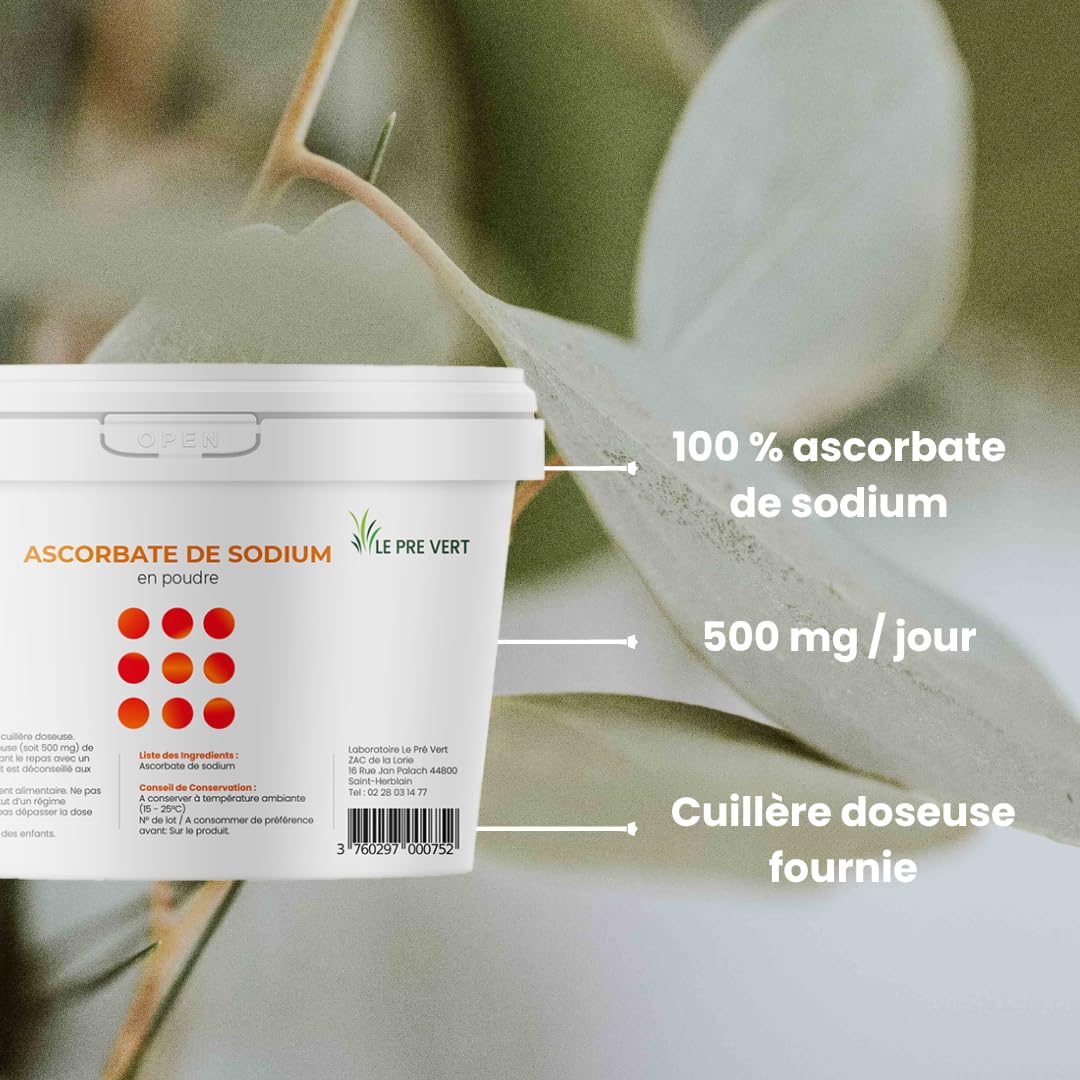 ASCORBATE DE SODIUM 100% pur - Pot 1 KG - Le Pré Vert - Energie - Immunité - Antioxydant