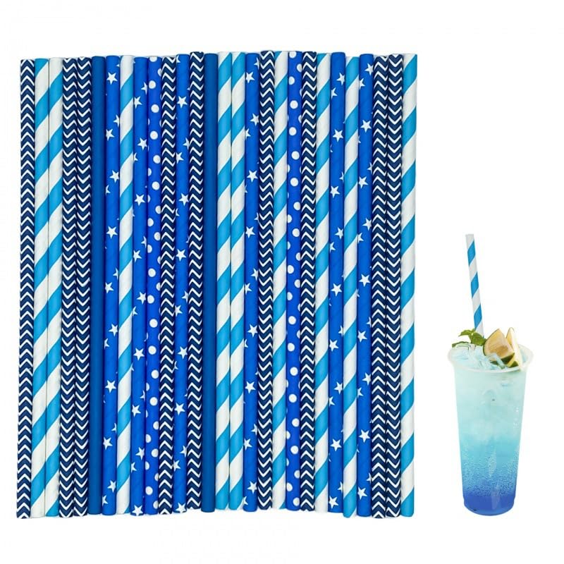 melala Biodegradable Paper Straws, 200pcs Stars/Dots/Stripes/Waves Drinking Straws for Birthday, Wedding, Bridal, Baby Shower and Party Decorations (Blue)