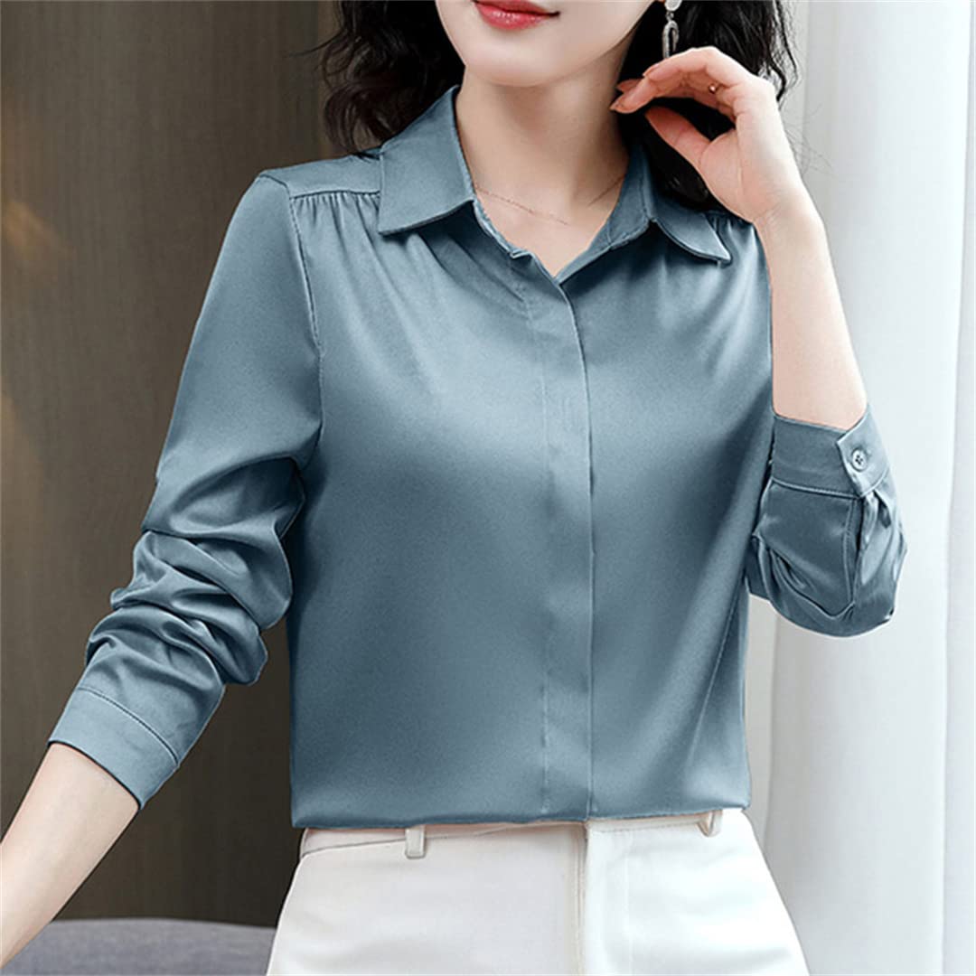 Manches Longues col en V boutonné Femmes Chemise décontracté Ample Couleur Unie Satin Blouses Soie Chemise Blanche Orange M