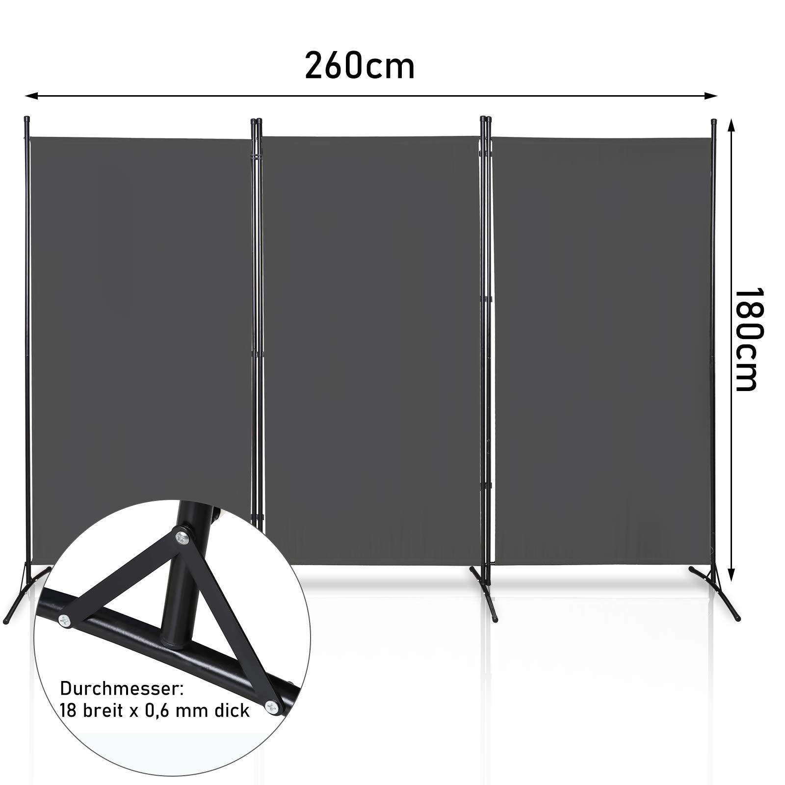 Paravento da Giardino 260 x 180 cm,3 Parti Pieghevole Divisorio in Tessuto Protezione della Privacy（Grigio)