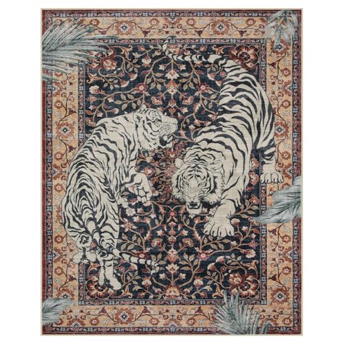 Moynesa Tiger Washable Area Rugs 8x10, Large Boho Rugs for Living Room, Vintage Non Slip Dining Room Rugs for Under Table, Ultra Thin Soft Floor Carpet for Office Bedroom, Puce Red