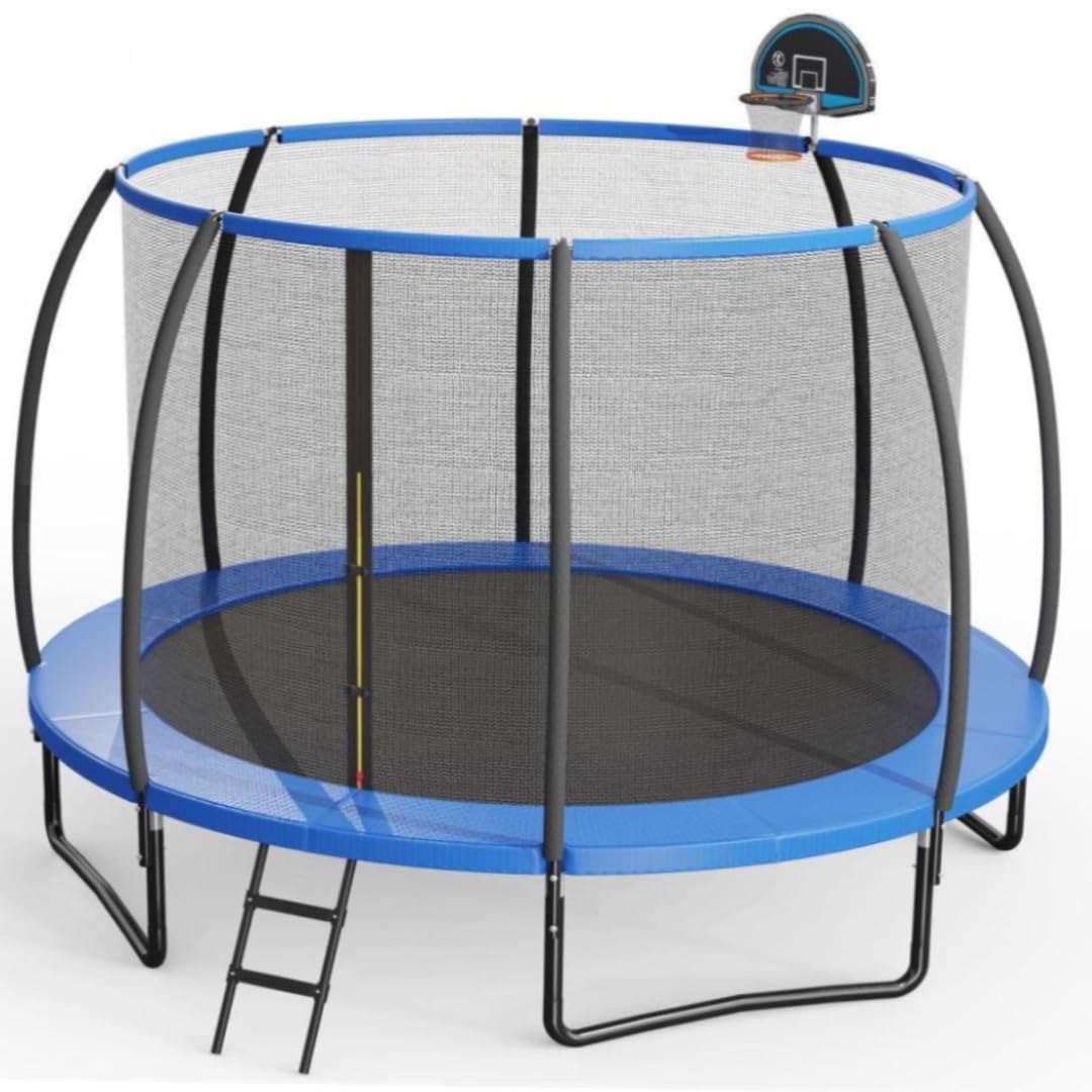 SPOTRAVEL 12FT/14FT Outdoor Trampoline, Large Garden Trampoline with Safety Enclosure Net, Ladder and Basketball Hoop, Fitness Bounce Trampoline for Kids Adults