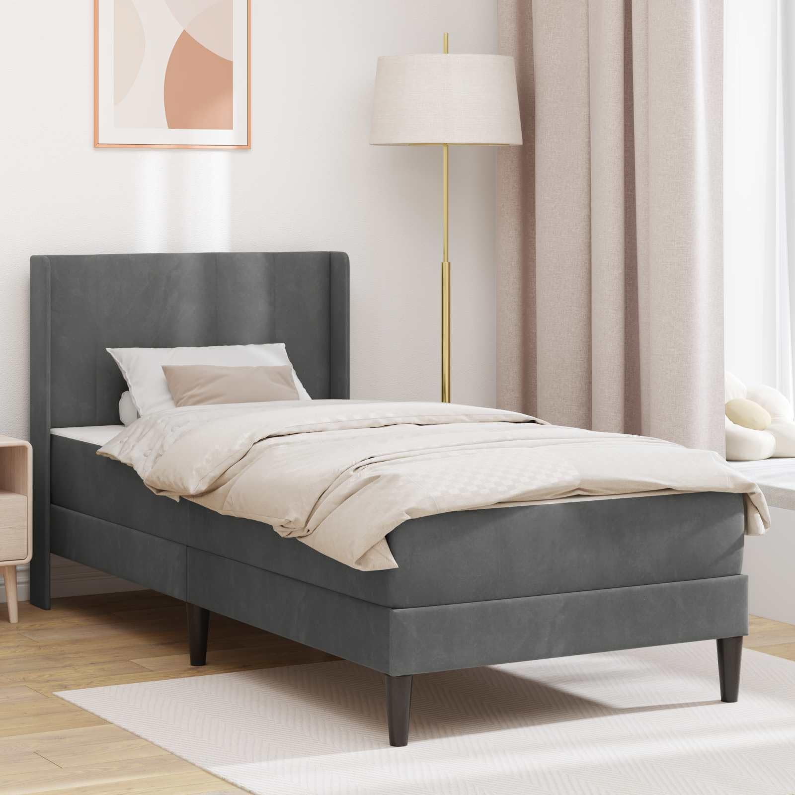 Ciemnoszara rama łóżka z materacem 100 x 200 cm, aksamitna poszewka, rdzeń ze sprężyn kieszeniowych, stelaż ze sklejki, ergonomiczna, oddychająca, nadaje się do prania, łóżko pojedyncze do