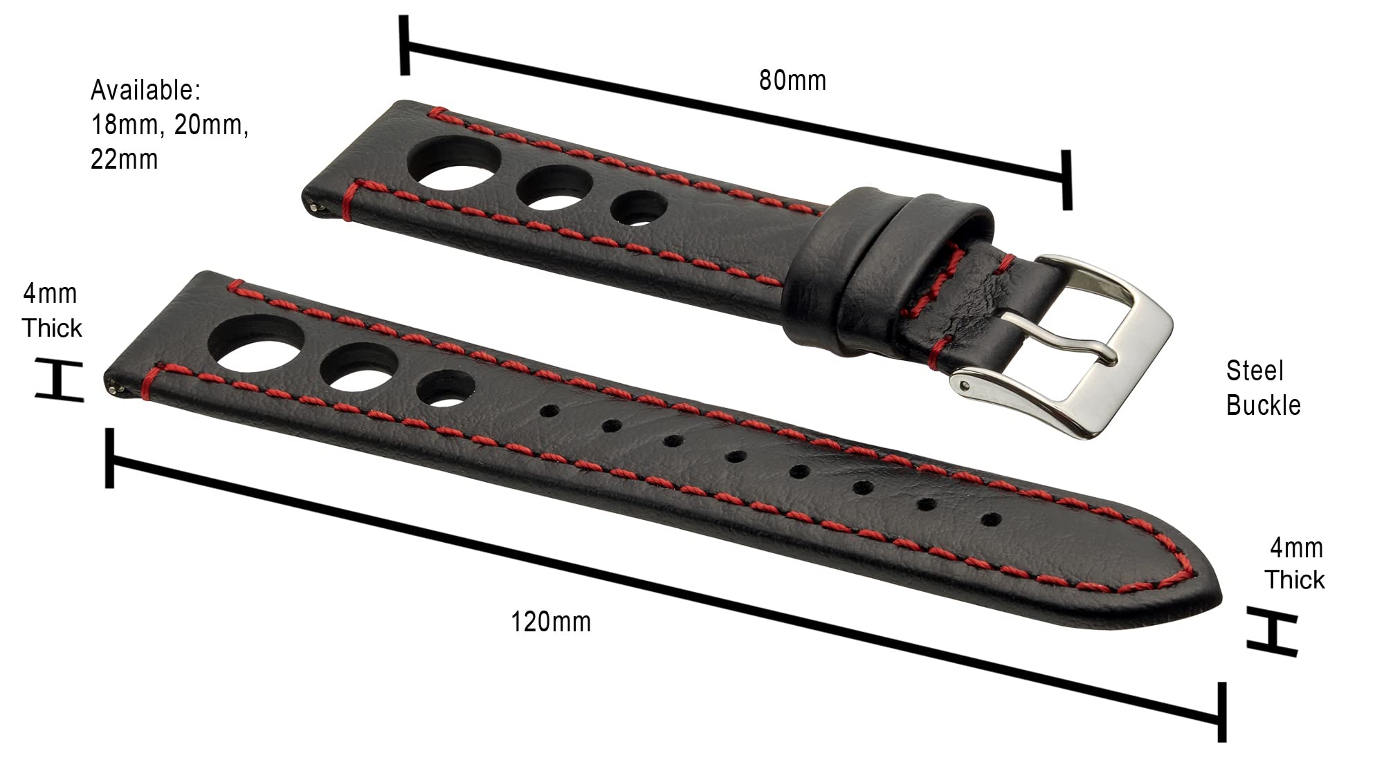 STUNNING SELECTION Hand made genuine full grain leather watch strap with quick release spring bars - Black/Red - 18mm