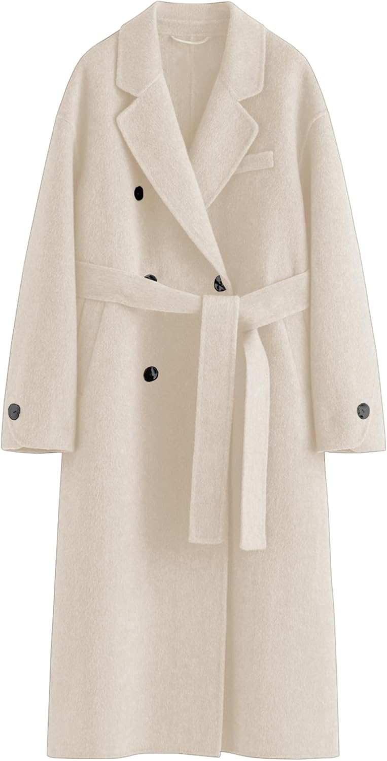 Peaceglad Womens Pea Coats Fall Long Trench Coat Double Breasted Button Down Lapel Belted Peacoat