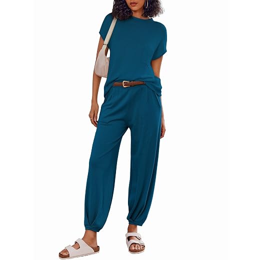 Ekouaer Women's 2 Piece Lounge Set Cap Sleeve Tops and Jogger Pants Knit Pajama Sweatsuit S-XXL