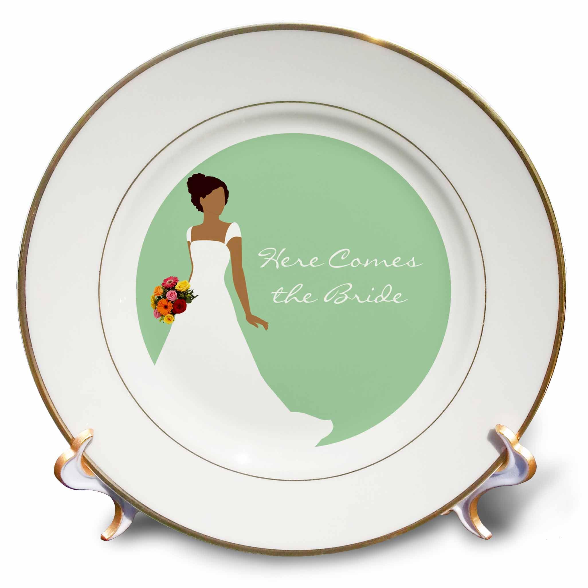 3dRose Here Comes the Bride - African American Bride Mint Green - Porcelain Plate, 8-inch