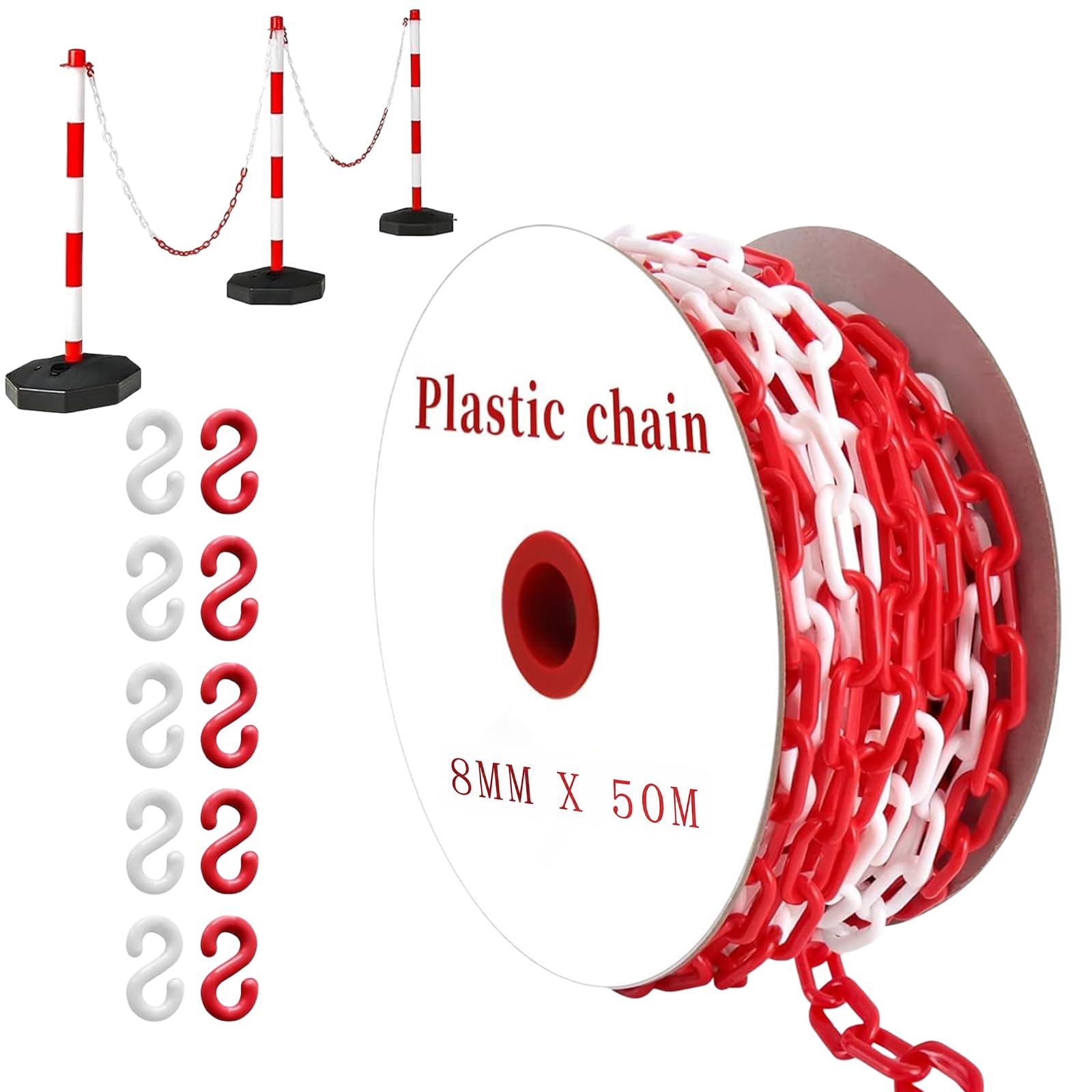 Catena di sicurezza rossa e bianca, in plastica, 6/8 mm, con moschettoni, catena di sicurezza per cantieri, parcheggi, manutenzione di ordini, garage (rosso-bianco, 8 mm-50 m)