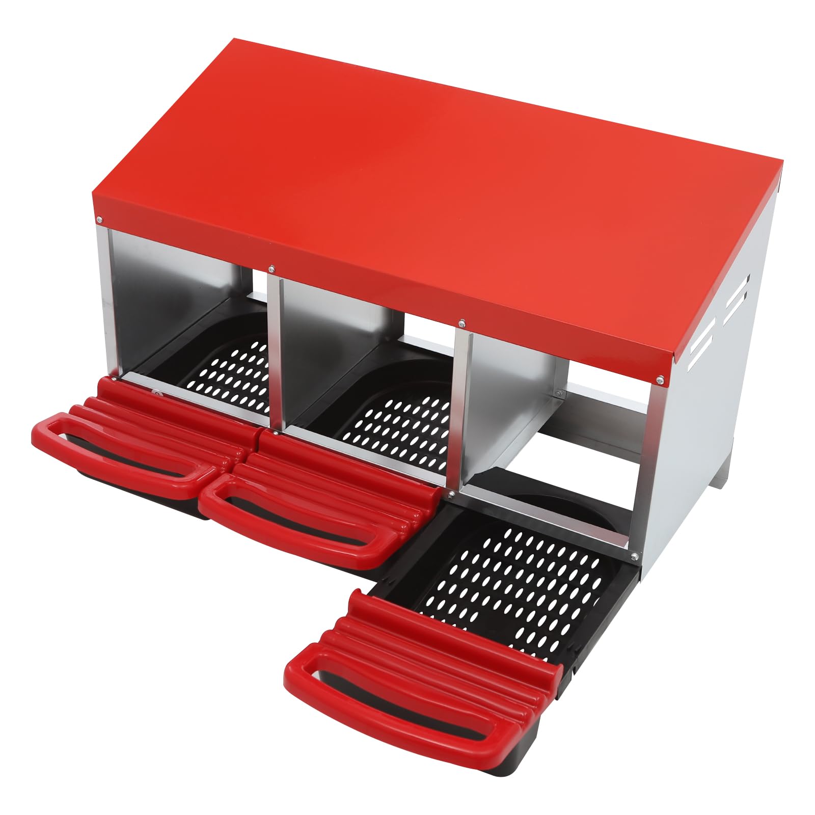 Nido per polli, facile da pulire, grandi scatole per raccogliere uova, 3 scomparti, nido per polli in metallo con fondo inclinato, fori di ventilazione, 81 x 52 x 48 cm H, rosso